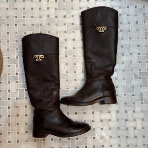Tory Burch Dark Brown Leather Boots with Gold Emblem